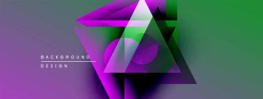 Soyut geometrik şekiller çakışıyor. Mor, yeşil gradyanlar modern tasarım yaratır. Minimalist tarz, dinamik kompozisyon.