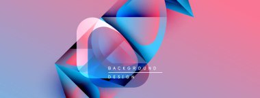 Soyut geometrik şekiller örtüşüyor, canlı pembe ve mavi renkler yaratıyor. Modern tasarım elementleri teknoloji ve yenilik öneriyor.