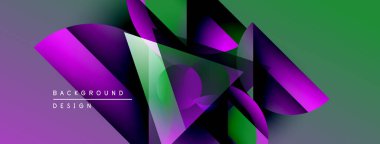 Soyut geometrik şekiller örtüşüyor, canlı mor ve yeşil renkler yaratıyor. Modern tasarım elementleri dinamik bileşim, görsel ilgi.