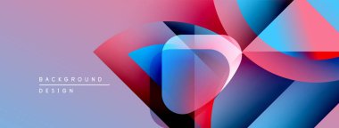 Soyut geometrik şekiller örtüşüyor, canlı renk eğimleri yaratıyor. Mor, mavi, pembe renkler tasarımda baskın. Modern estetik.