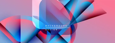 Soyut tasarım canlı örtüşen şekiller içerir. Pembe, mavi, kırmızı renkler harmanlanarak dinamik görsel efekt yaratır. Modern arkaplan ögesi.