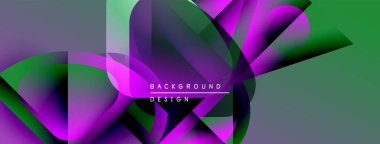 Soyut geometrik şekiller örtüşüyor, canlı mor ve yeşil renkler yaratıyor. Modern tasarım elementleri dinamik hareket, görsel derinlik.