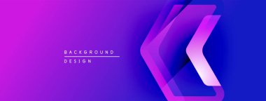 Canlı mor, mavi eğimli arkaplan. Modern tasarım, dinamik görsel efekt yaratan katmanlı semboller içerir. Minimalist estetik.