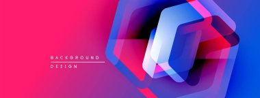 Soyut geometrik tasarım. Canlı pembe, mavi gradyanlar katmanlı altıgen şekiller oluşturur. Modern, dinamik görsel kompozisyon.