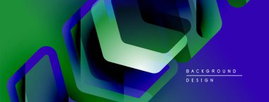 Soyut geometrik şekiller çakışıyor. Yeşil, mavi renkler kompozisyona hakim. Modern tasarım dijital sanat ve arkaplan ögesi öneriyor.