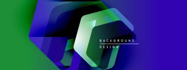 Soyut geometrik şekiller örtüşüyor, canlı renk eğimleri yaratıyor. Yeşil, mavi, mor renkler tasarımda baskın. Metin arkaplan tasarımı okur.