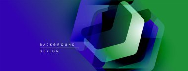 Soyut geometrik tasarım. Üst üste binen katmanlar dinamik görsel efekt yaratır. Renkler maviden yeşile dönüşüyor. Modern estetik.