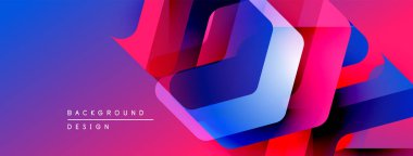Soyut geometrik şekiller örtüşüyor, canlı renk eğimleri yaratıyor. Mavi, pembe, kırmızı renkler tasarımda baskın. Modern, dinamik kompozisyon.