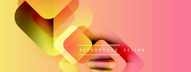 Soyut geometrik şekiller örtüşür, canlı bir gradyan arkaplan oluşturur. Sarılar, portakallar, pembeler düzgün bir şekilde harmanlanır. Modern tasarım ögesi.