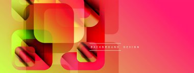 Soyut geometrik şekiller örtüşüyor, canlı renk eğimleri yaratıyor. Kırmızı, sarı, yeşil renkler tasarımda baskın. Modern estetik.