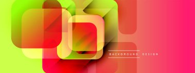 Soyut geometrik şekiller örtüşür, canlı bir değişim etkisi yaratır. Kırmızı, sarı, yeşil renkler tasarımda baskın. Modern pankart biçimi.