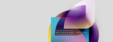 Soyut renkli şekiller örtüşür, dinamik görsel efekt yaratır. Arkaplan grafikleri, metin elemanları, modern tasarım estetiği.