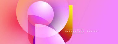 Soyut şekiller örtüşüyor, canlı pembe, mor renkler yaratıyor. Modern tasarım düz gradyanlar, basit metin elementleri içerir.