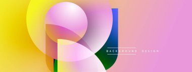 Soyut renkli şekiller çakışıyor. Sarı, pembe, mor renkler modern tasarımı sorunsuzca harmanlıyor. Arkaplanda metin ögeleri.
