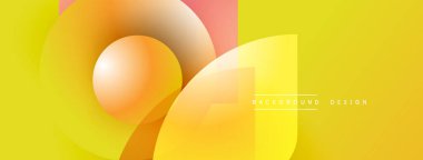 Soyut sarı arkaplan. Üst üste binen daireler, kareler dinamik bileşim oluşturur. Renkler derinlik ekler, görsel ilgi. Modern tasarım ögesi.