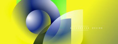 Soyut tasarım özellikleri üst üste binen renkli şekiller. Sarı, yeşil, mavi gradyanlar dinamik görsel efekt yaratır. Modern estetik.