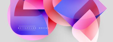 Soyut şekiller örtüşüyor, canlı gradyanlar yaratıyor. Pembe, mavi renkler dizaynın hakimi. Minimum metin mevcut, arkaplan nötr.