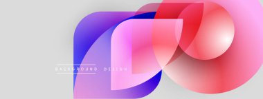 Soyut şekiller örtüşüyor, canlı renk değişimleri yaratıyor. Modern tasarım elementleri akıcılık, enerji ve yenilik öneriyor. Arkaplan açık gri.