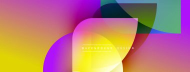 Soyut renkli şekiller örtüşüyor, canlı bir gradyan arkaplan oluşturuyor. Modern tasarım elementleri akıcılık, enerji ve yenilik önerir.