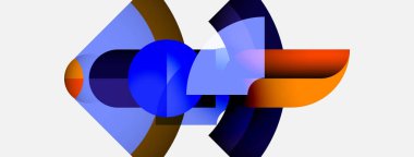 Geometrik şekiller, canlı maviler, portakallar, kahverengiler içeren soyut bir kompozisyon. Yumuşak eğimler derinlik yaratır, modern estetik.