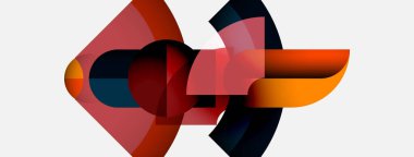 Soyut şekiller örtüşür, dinamik bileşim yaratır. Sıcak renkler baskın gelir, serin tonlarla zıtlaşır. Modern tasarım, geometrik biçimler mevcut.