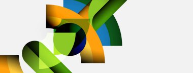 Soyut renkli kurdeleler çakışıyor, dinamik şekiller yaratıyor. Beyaz arka planda parlak renklerin karşıtlığı. Modern tasarım elemanları.