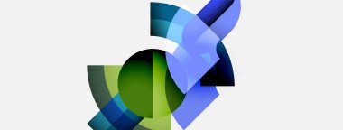 Soyut geometrik şekiller örtüşür, dinamik bileşim yaratır. Maviler, yeşiller nötr arka plana hakim. Modern tasarım elemanları.