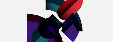 Soyut şekiller örtüşür, dinamik bileşim yaratır. Renkler arasında kırmızı, mor, beyaz arkaplana karşı deniz mavisi var. Modern tasarım elemanları.