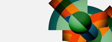 Soyut geometrik şekiller çakışıyor. Renkler arasında yeşil, turuncu, mavi, modern görsel kompozisyon oluşturur. Minimalist tasarım.