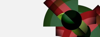 Soyut geometrik bileşim. Üst üste binen kareler, daireler dinamik görsel efektler yaratır. Kırmızı, yeşil renkler beyaz arkaplana hakim. Modern tasarım.