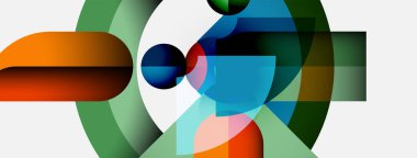 Soyut kompozisyon. Üst üste binen şekiller, canlı renkler, geometrik şekiller dinamik görsel deneyimler yaratır. Modern tasarım, temiz çizgiler.