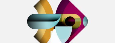 Soyut geometrik şekiller örtüşür, dinamik bileşim yaratır. Renkler arasında altın, mavi, mor ve nötr arkaplan var. Modern tasarım.