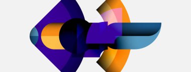 Soyut şekiller örtüşür, dinamik bileşim yaratır. Sıcak, serin renkler harmanlanır, hareket, derinlik izlenimi uyandırır. Modern tasarım elemanları.