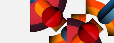 Soyut geometrik bileşim. Kırmızı, turuncu, kahverengi şekiller üst üste binerek dinamik görsel ilgi yaratıyor. Minimalist tasarım, modern estetik.