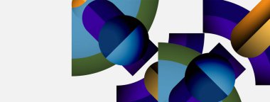 Soyut şekiller örtüşür, canlı renk karışımları yaratır. Mavi, yeşil, mor baskın kompozisyon. Modern tasarım, temiz estetik.