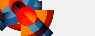 Soyut şekiller örtüşür, dinamik bileşim yaratır. Turuncu, mavi, kırmızı renkler tasarımda baskın. Minimalist tarz, modern estetik.