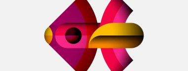 Soyut tasarım özellikleri üst üste binen renkli şekiller. Pembe, kırmızı, sarı renkler beyaz arka planda dinamik kompozisyon oluşturur. Modern, enerjik.