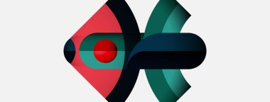 Soyut şekiller örtüşür, dinamik bileşim yaratır. Kırmızı, deniz mavisi, koyu renkler tasarımda baskın. Minimalist estetik, modern his.