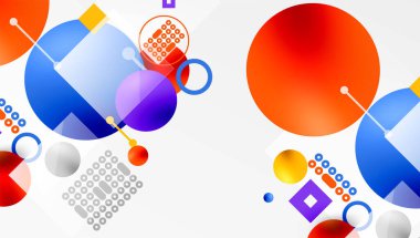 Soyut kompozisyon. Renkli daireler, kareler, noktalar kesişiyor. Modern tasarım, canlı renkler, geometrik şekiller dinamik görsel efekt yaratır.