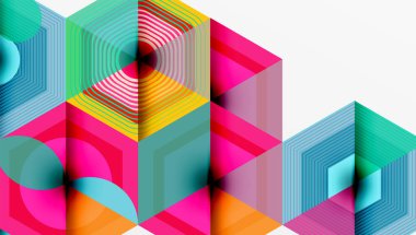 Soyut geometrik bileşim. Canlı renkler, katmanlı şekiller optik illüzyon yaratır. Modern tasarım, dinamik desenler, cesur görüntüler..