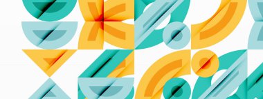 Soyut geometrik desen. Şekiller örtüşüyor, dinamik görsel doku oluşturuyor. Renkler arasında deniz mavisi, turuncu, açık mavi var. Modern tasarım.