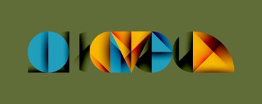 Soyut grafik tasarım renkli, geometrik şekiller oluşturan metinler içerir. Sönük arka planda canlı renkler kontrastı. Modern, sanatsal.