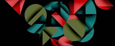 Soyut geometrik bileşim. Şekiller örtüşüyor, dinamik görsel doku oluşturuyor. Kırmızı, deniz mavisi, zeytin renkleri siyah arkaplana hükmediyor.