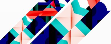 Soyut geometrik şekiller örtüşür, dinamik bileşim yaratır. Renkler arasında mavi, kırmızı, deniz mavisi, pembe, beyaz. Modern tasarım, temiz çizgiler.