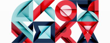 Soyut geometrik şekiller, kırmızı, mavi, deniz mavisi. Üst üste binen formlar dinamik bileşim oluşturur. Minimalist tasarım, modern estetik.