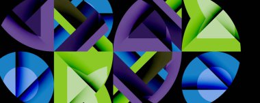 Soyut geometrik şekiller örtüşüyor, canlı renk eğimleri yaratıyor. Mavi, yeşil, mor baskın kompozisyon. Modern tasarım.