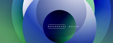 Soyut tasarım özellikleri üst üste biniyor. Değişik renkler mavi ve yeşil renkleri harmanlıyor. Metin, merkez çember içinde arkaplan tasarımı okur.