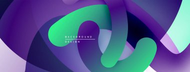 Soyut sıvı şekilleri örtüşür, canlı mor, yeşil gradyanlar yaratır. Modern tasarım hareket, derinlik ve görsel ilgi öneriyor.