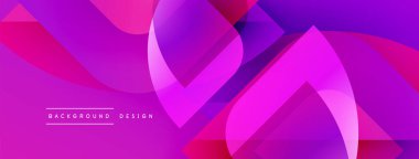 Soyut geometrik şekiller canlı mor ve pembe renkleri harmanlarlar. Modern tasarım akıcılık, dinamizm ve görsel ilgiyi akla getiriyor. Arkaplan ögeleri derinlik yaratır.