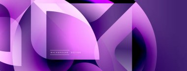 Soyut mor tasarım üst üste binen geometrik şekiller içerir. Pürüzsüz gradyanlar modern, dinamik görsel efekt yaratır. Dijital projeler için uygun arkaplan.